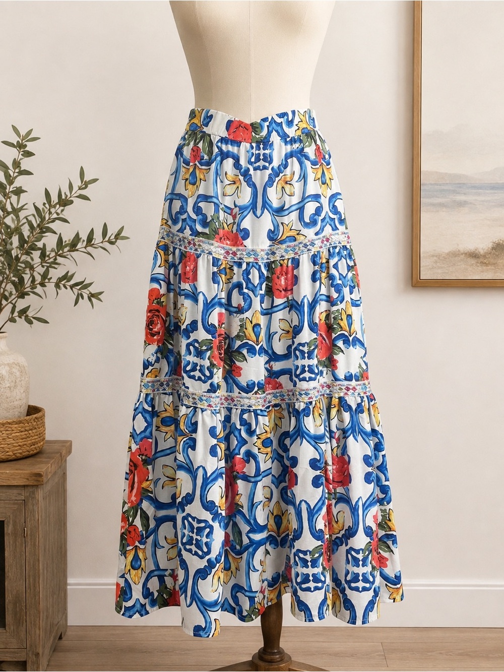 Boho Mediterranean Tile Floral Tiered embroidered Maxi Skirt Blue Red White L